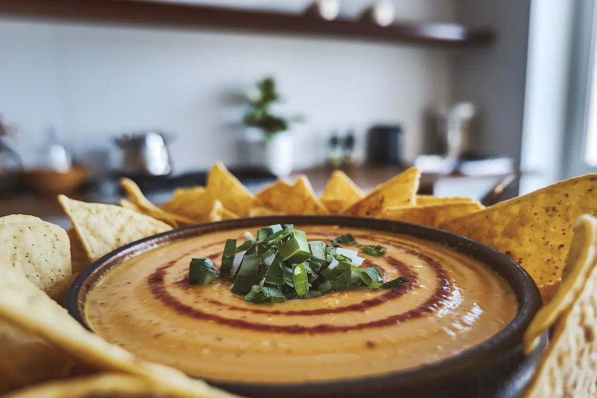 A bowl of creamy cheese dip garnished with chopped green onions and a swirl of sauce, surrounded by tortilla chips in a kitchen setting.