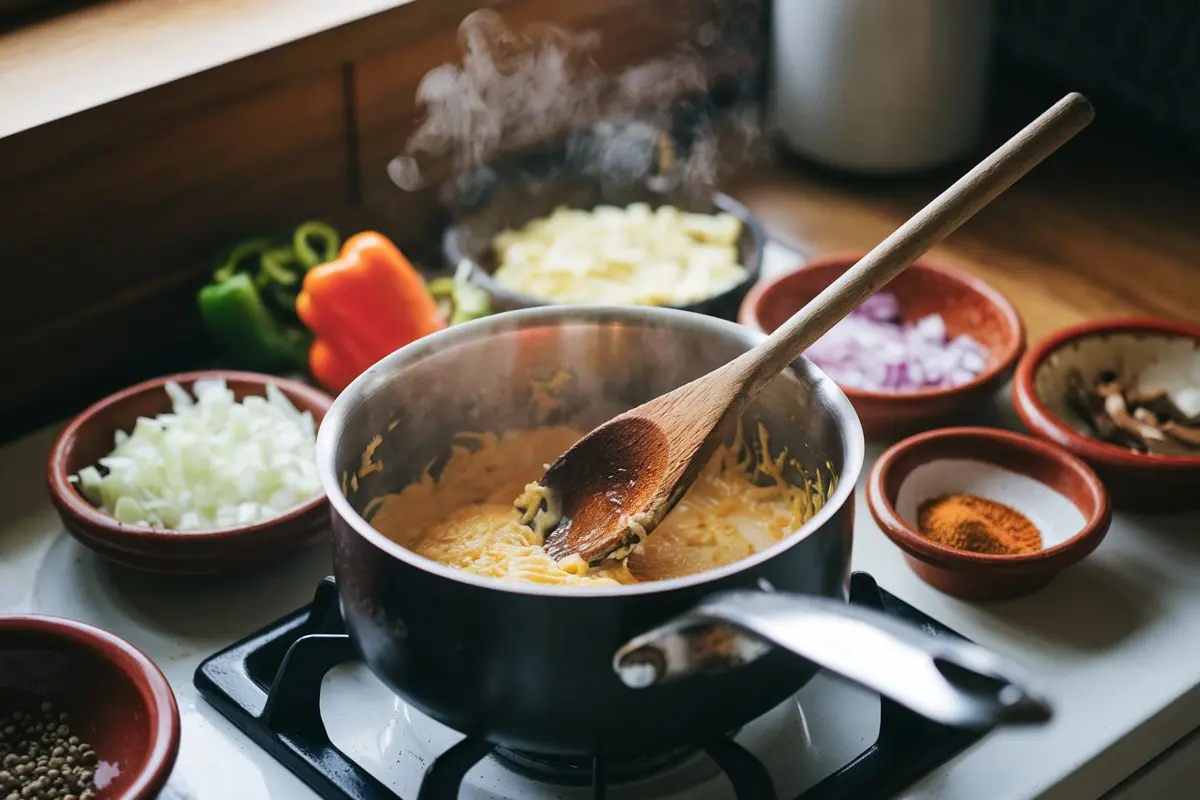 A steaming pot on a stove with a wooden spoon stirring a cheesy mixture, surrounded by bowls of chopped vegetables, spices, and other ingredients.