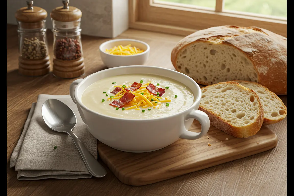 Creamy bowl of easy potato soup with toppings