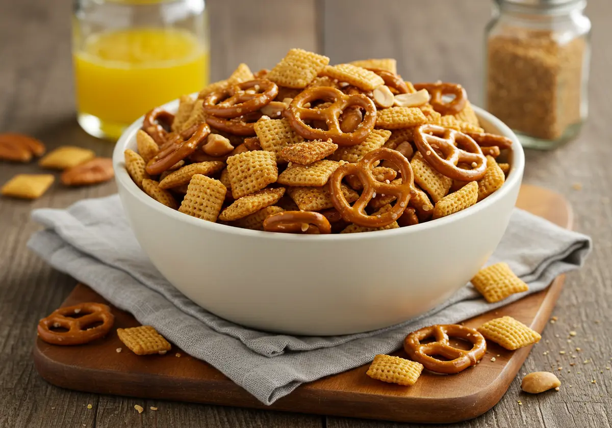 Bowl of golden, crispy oven-baked Chex Mix with pretzels and nuts.