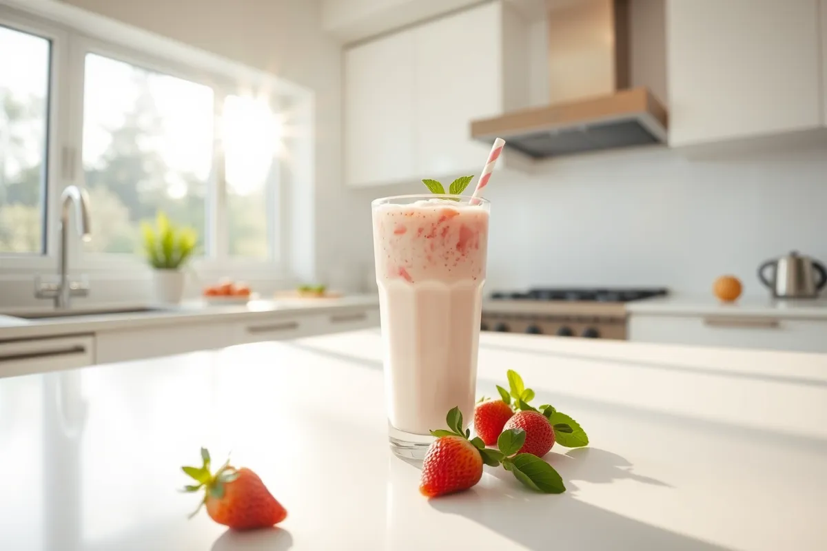 A glass of Pink Drink on a modern kitchen countertop.