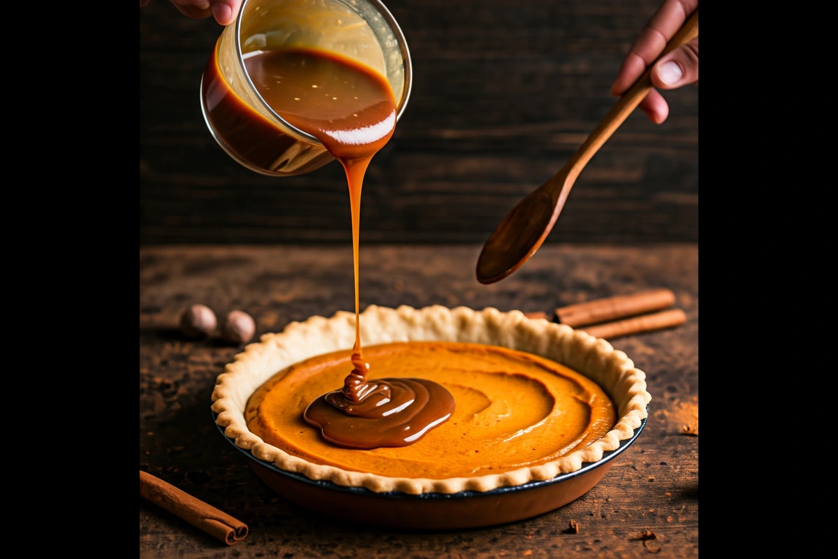  Pouring Caramel Over Pumpkin Pie Filling