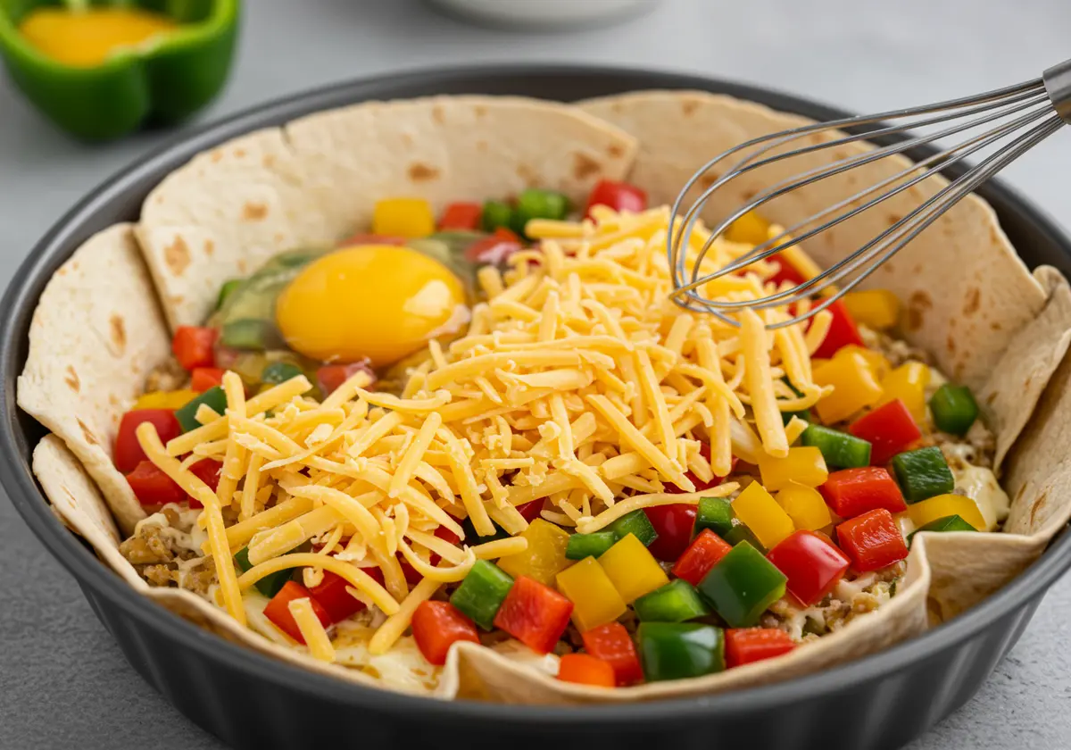 Partially assembled tortilla quiche with colorful ingredients