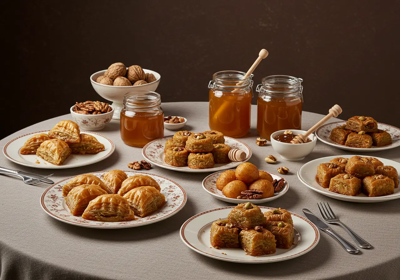 Assorted Modern Greek Desserts including baklava and loukoumades