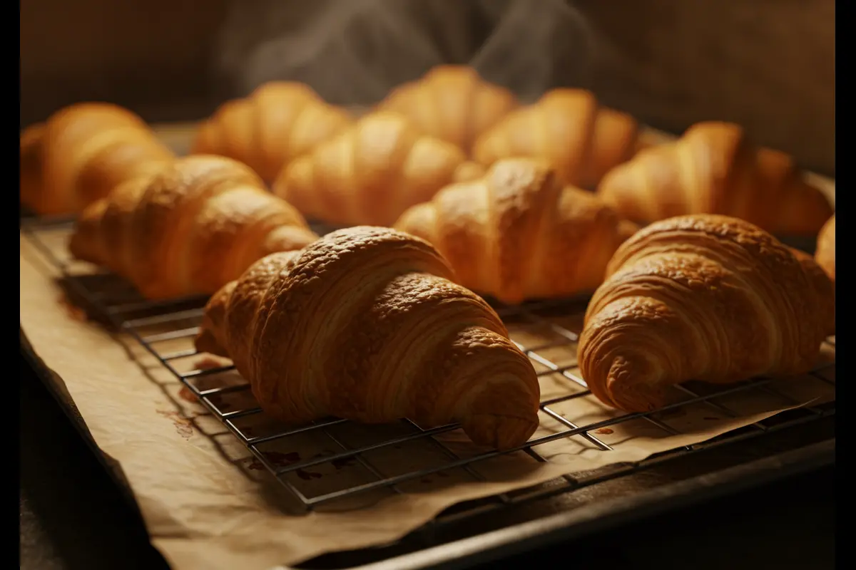 Freshly baked croissants cooling on a wire rack