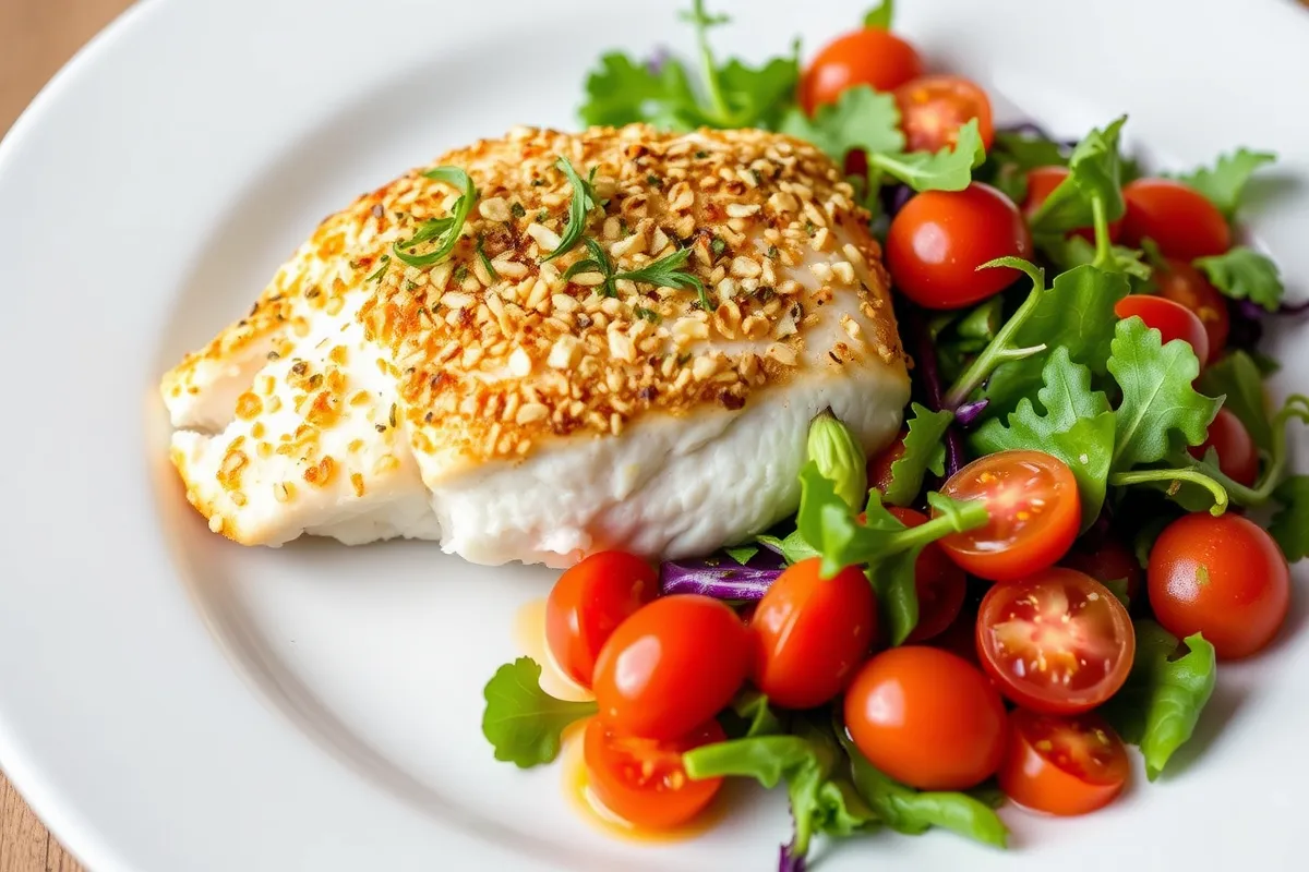 Baked rockfish with a lemon-almond crust and salad