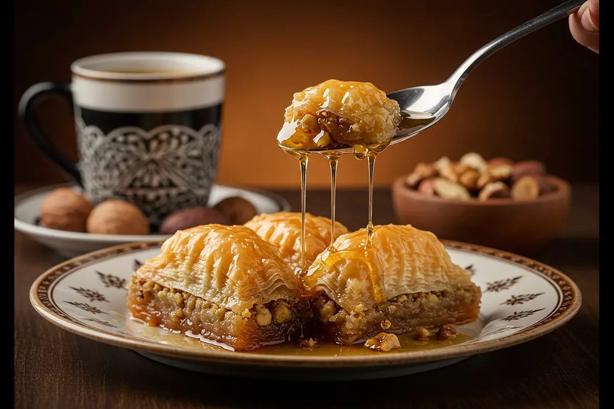 Baklava on a plate with syrup being drizzled.