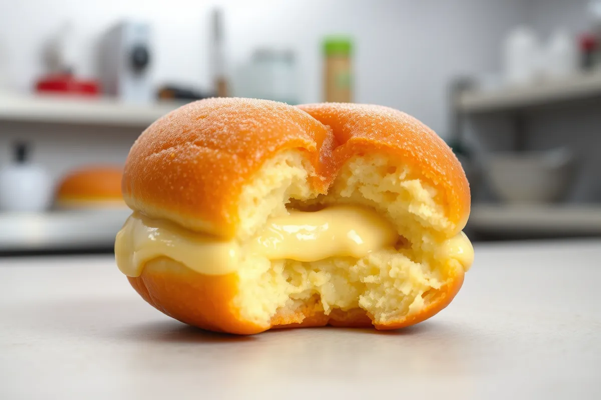 Close-up of a Bavarian kreme-filled donut cut in half.