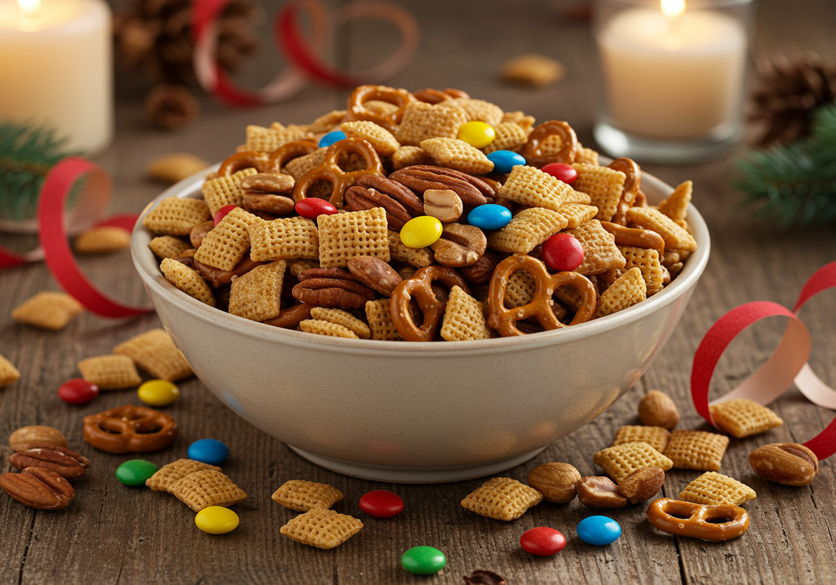 Bowl of Chex Mix with cereals, pretzels, nuts, and candies on a festive wooden table.