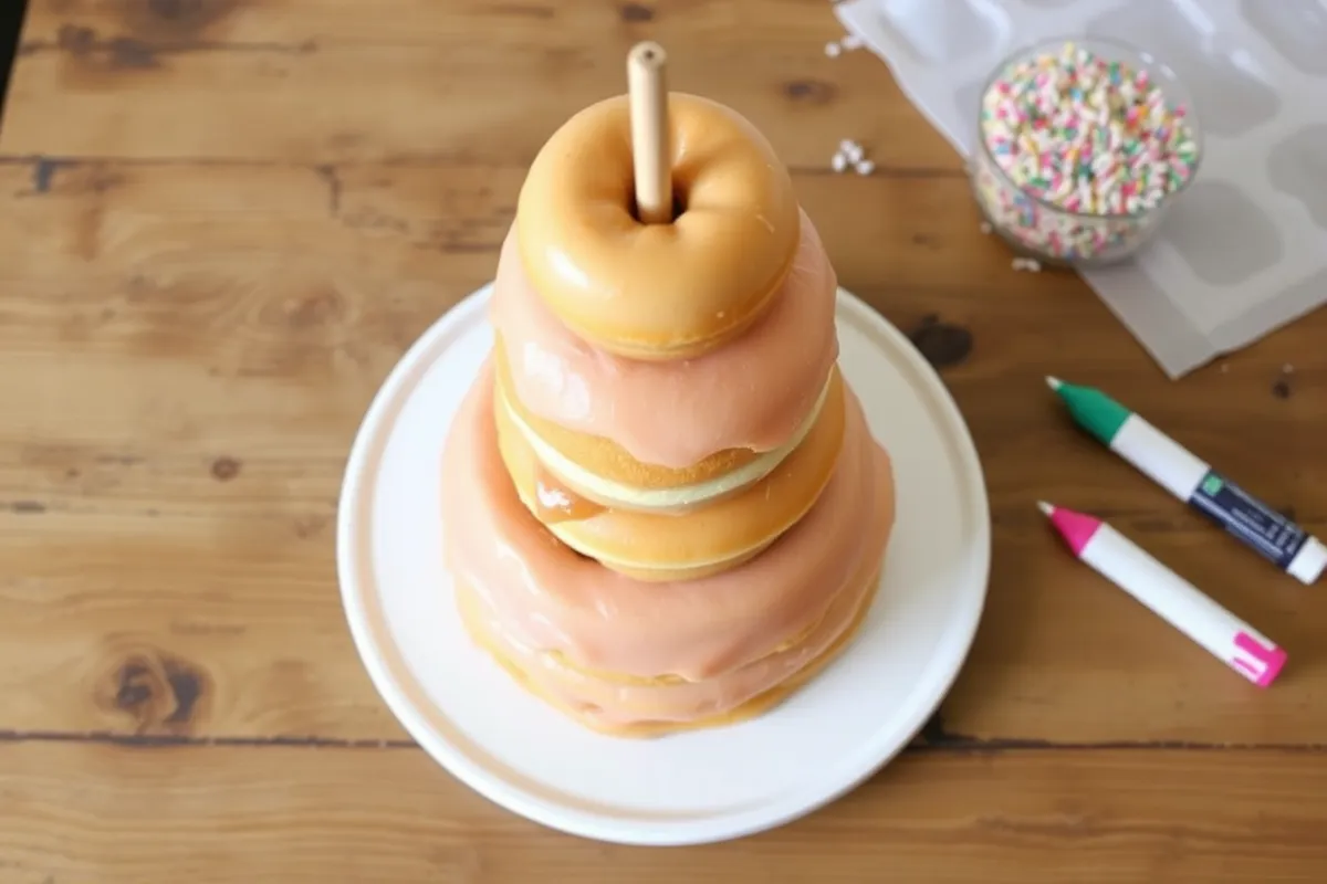 Partially built donut cake tower with decorating tools.