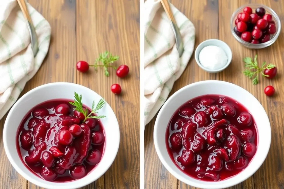 Comparison of canned cranberry sauce and homemade cranberry sauce in bowls.