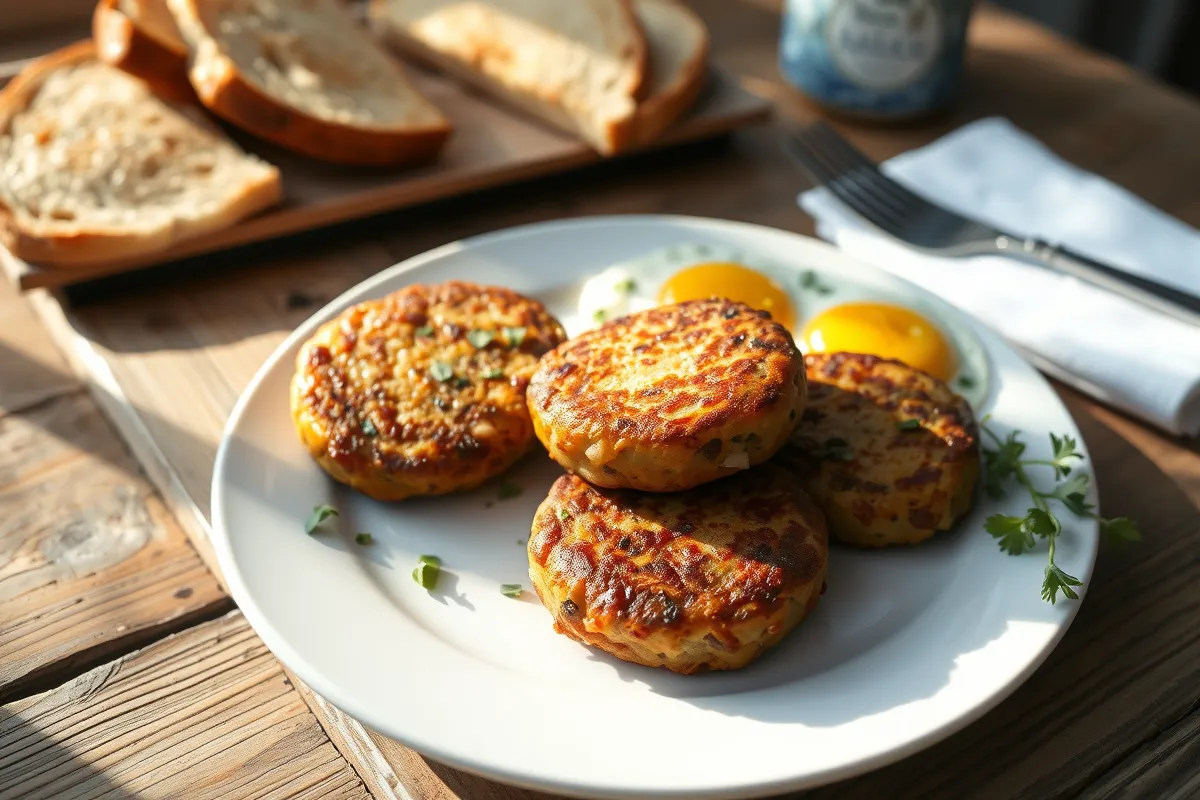 Chicken breakfast sausage patties served with eggs and toast on a wooden table.