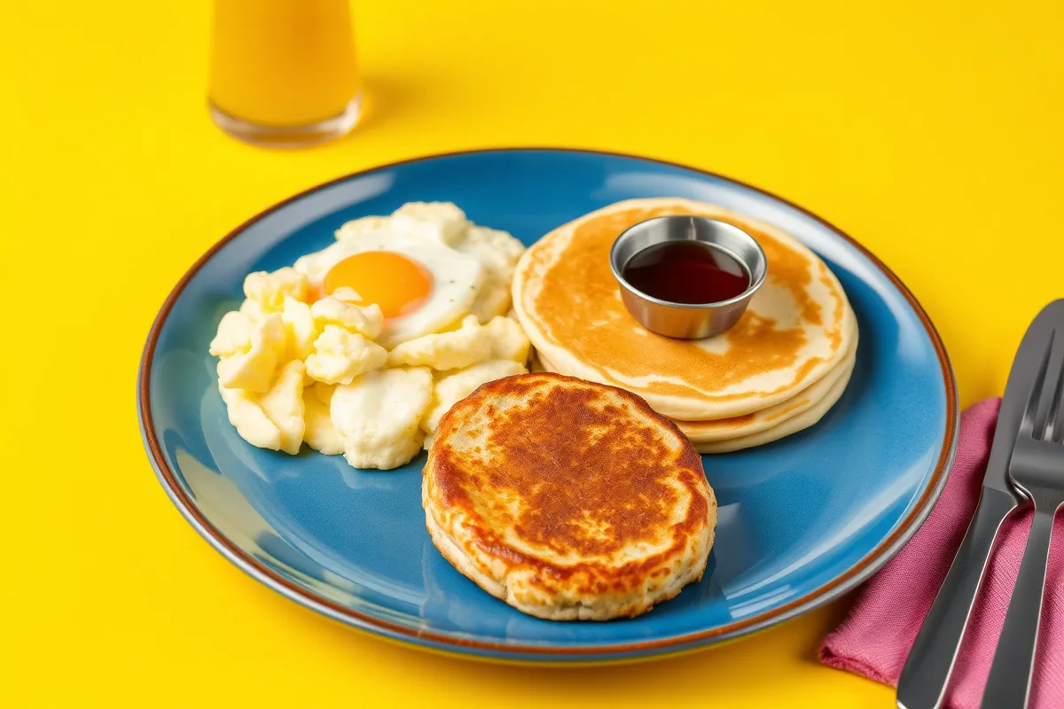 A breakfast platter with chicken sausage patties, pancakes, eggs, and fresh fruit.