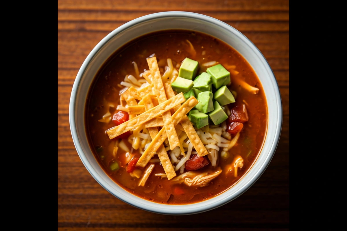 A bowl of chicken tortilla soup topped with avocado and tortilla strips.