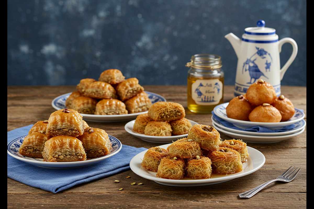 A variety of Greek desserts on a wooden table with a Mediterranean theme.