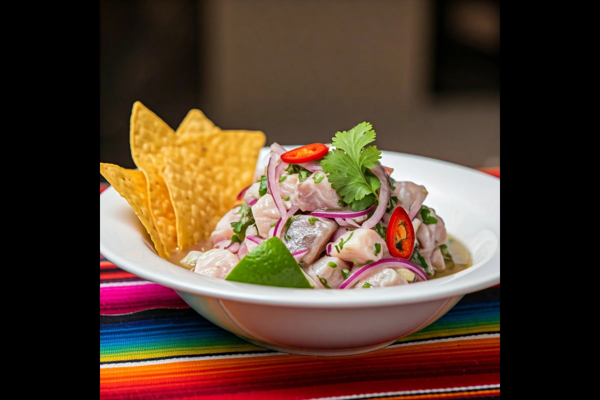 Corvina fish ceviche served in a bowl with tortilla chips.