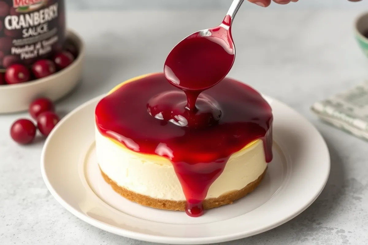 Canned cranberry sauce topping on cheesecake