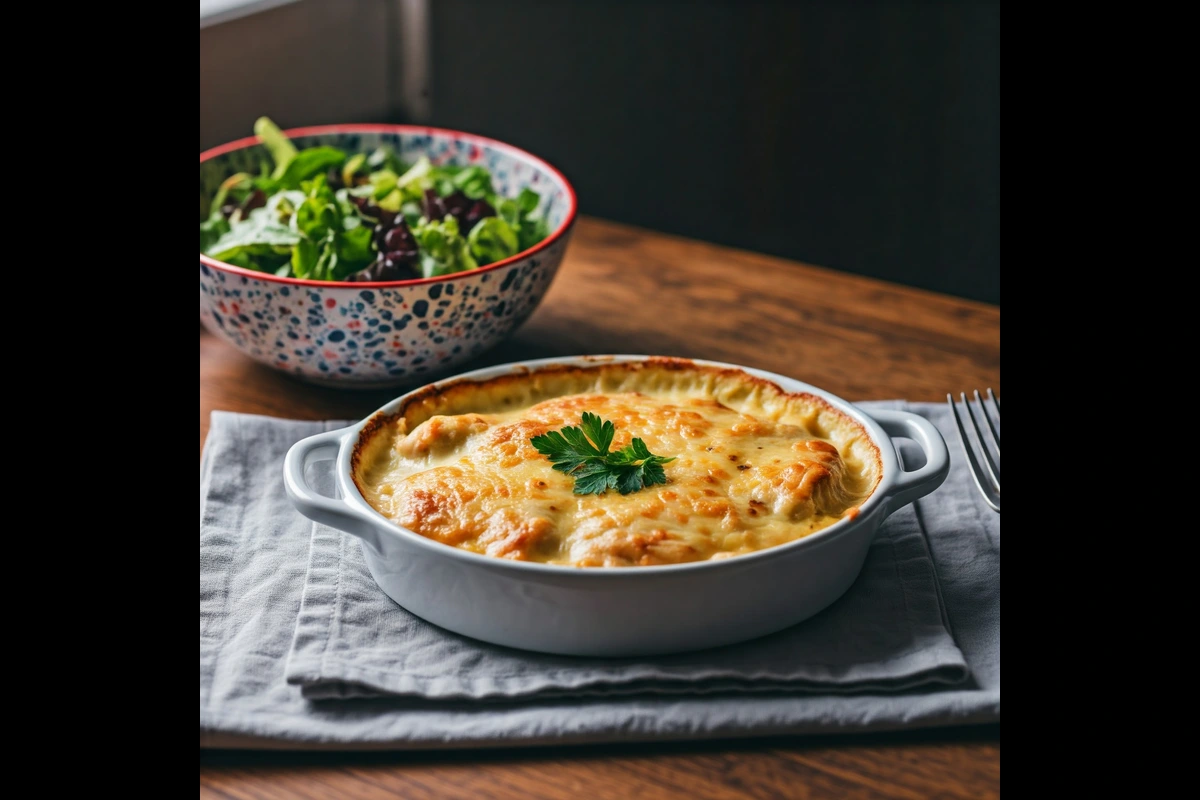 Creamy chicken casserole with melted cheese and parsley