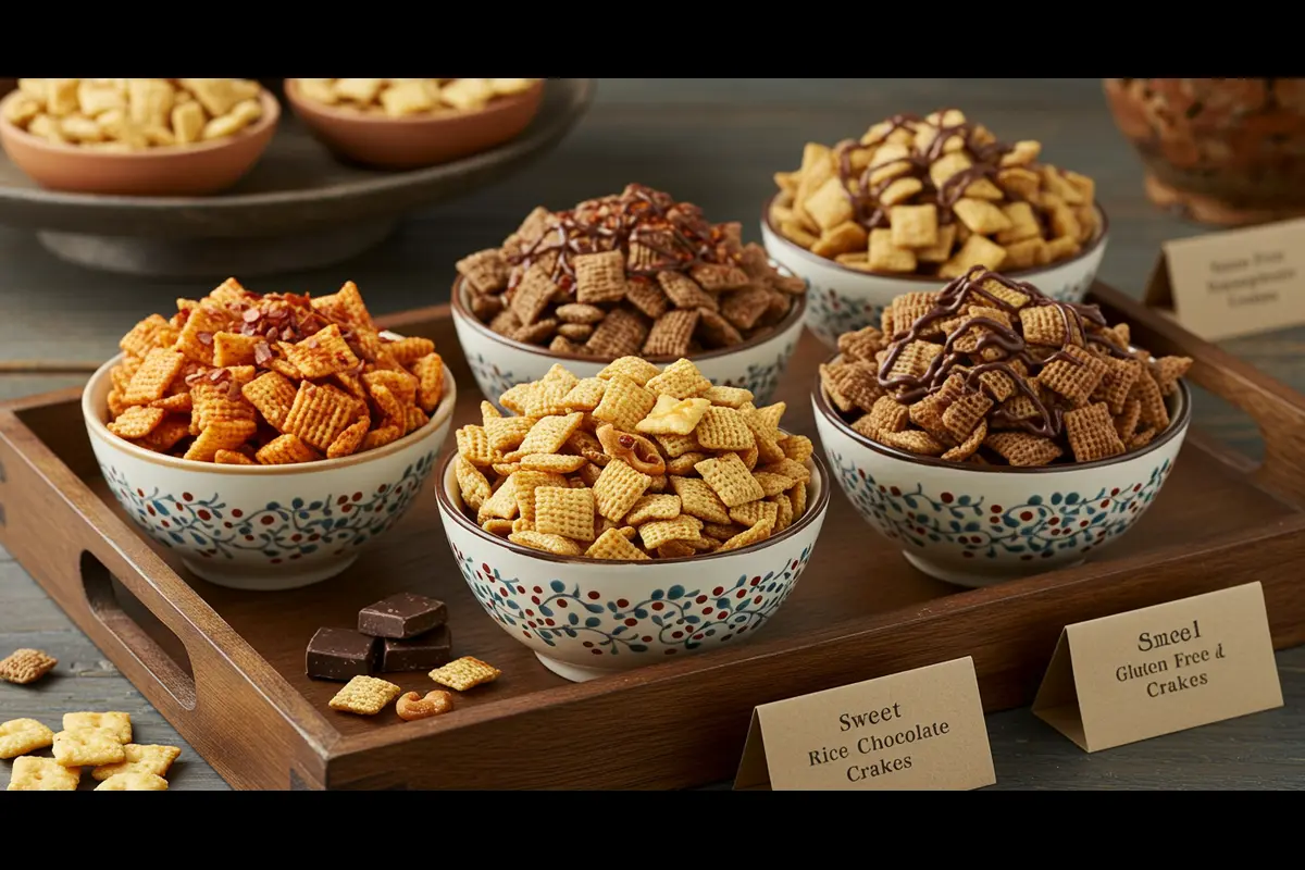 A wooden tray holds four floral-patterned bowls of crispy cereal snacks with various flavors, labeled in front, against a cozy background.