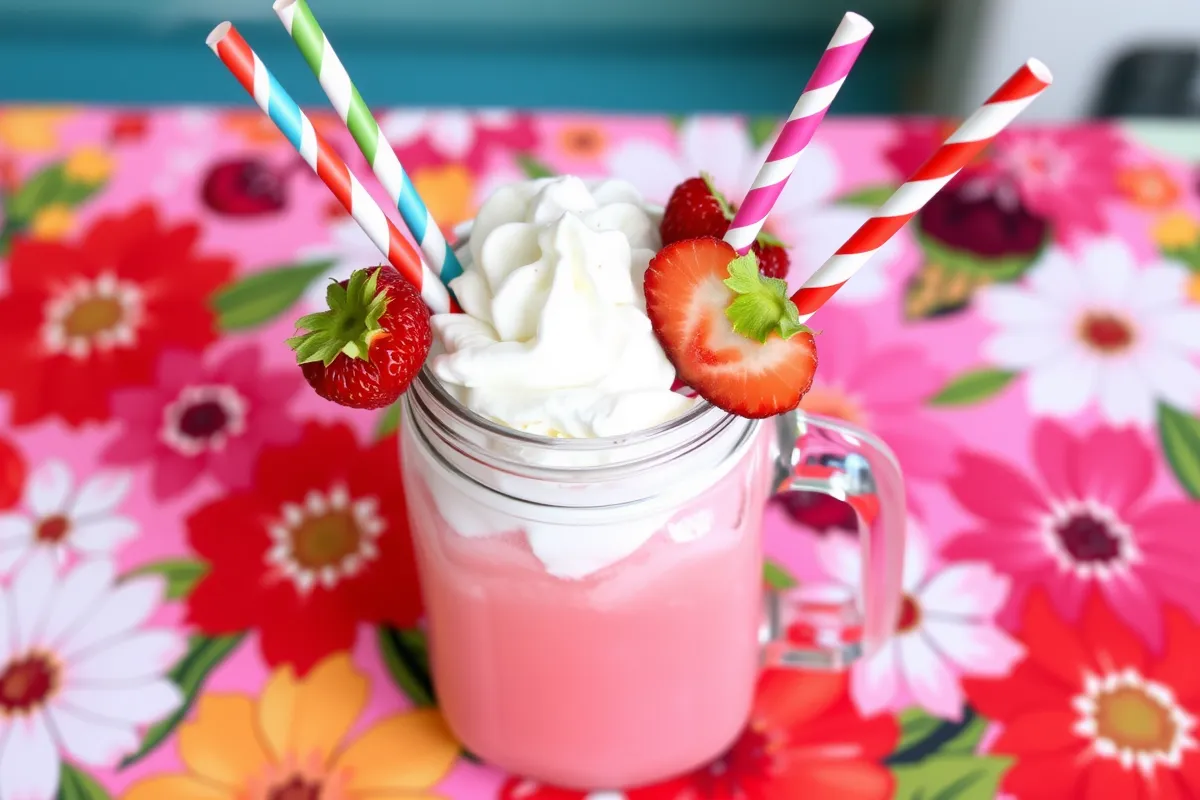 A creative Pink Drink with whipped cream and strawberries.