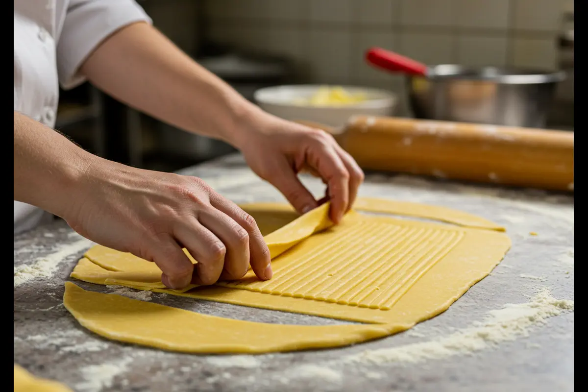 Hands laminating croissant dough with a rolling pin on a floured surface