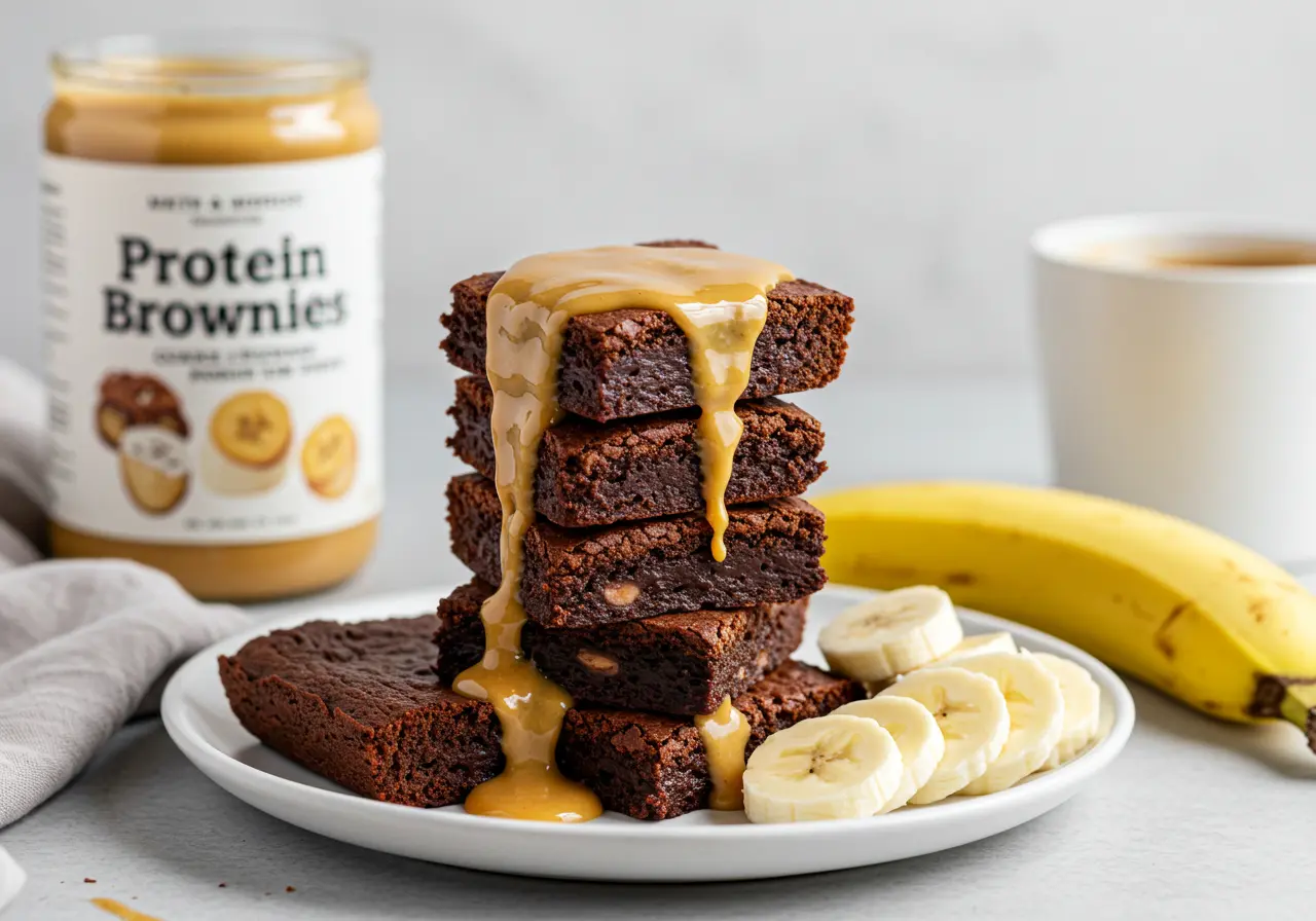 Stack of protein brownies drizzled with peanut butter.