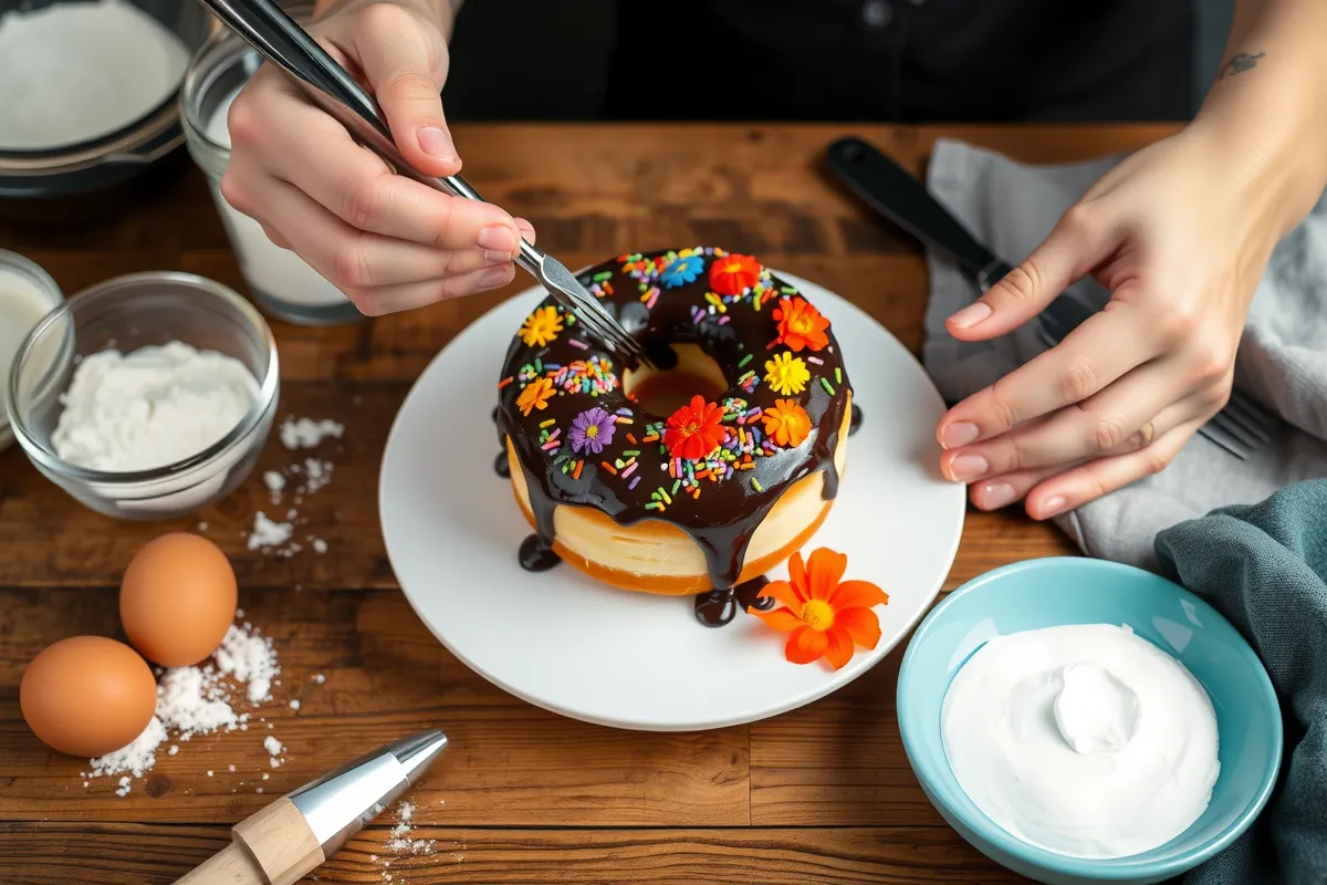 Person decorating a donut cake with chocolate glaze and sprinkles.