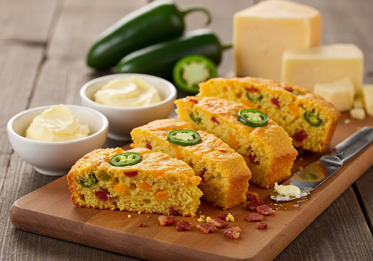 Cornbread variations with jalapeños, cheese, and bacon.