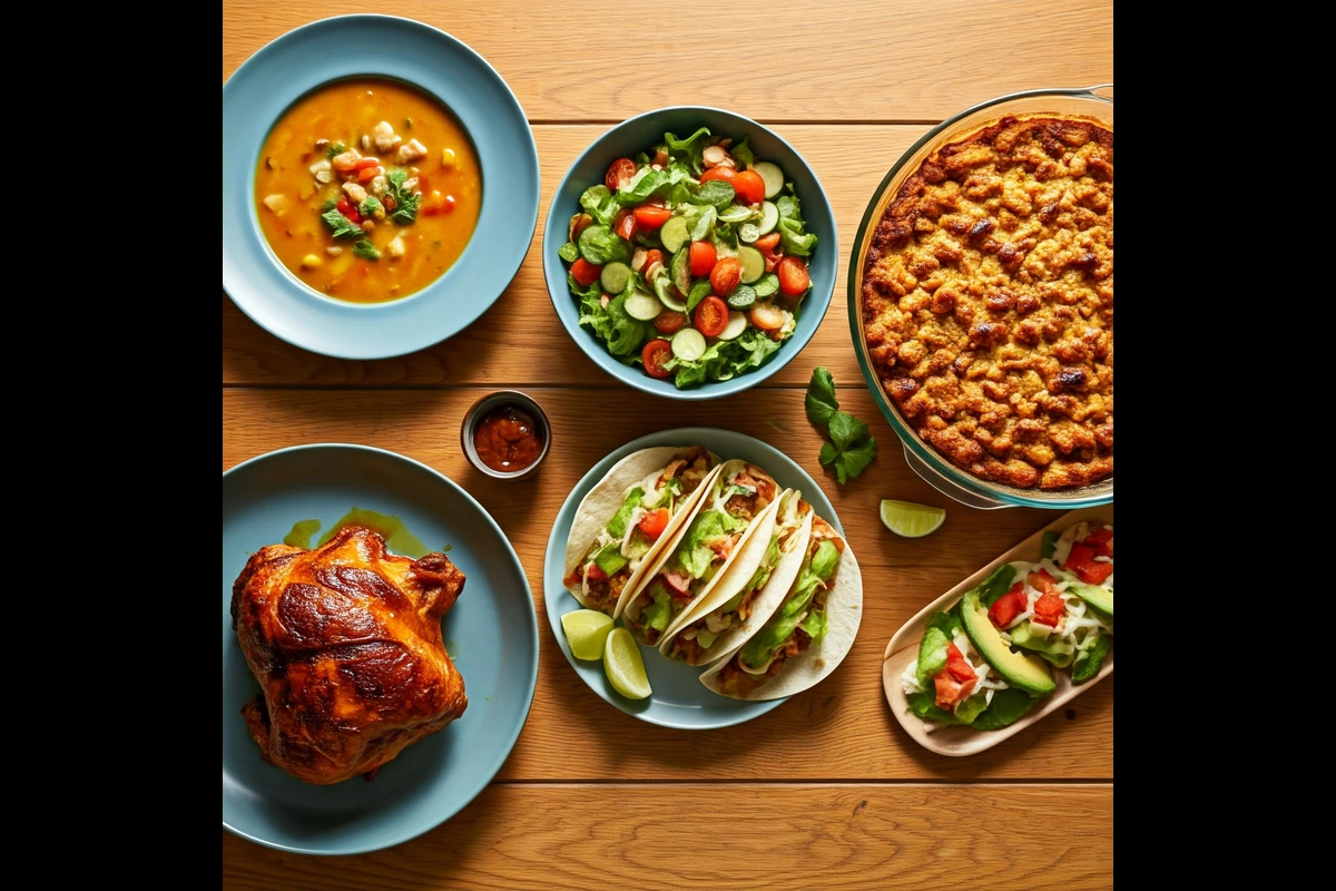 A variety of dishes made from leftover rotisserie chicken, including soup, salad, and casserole.