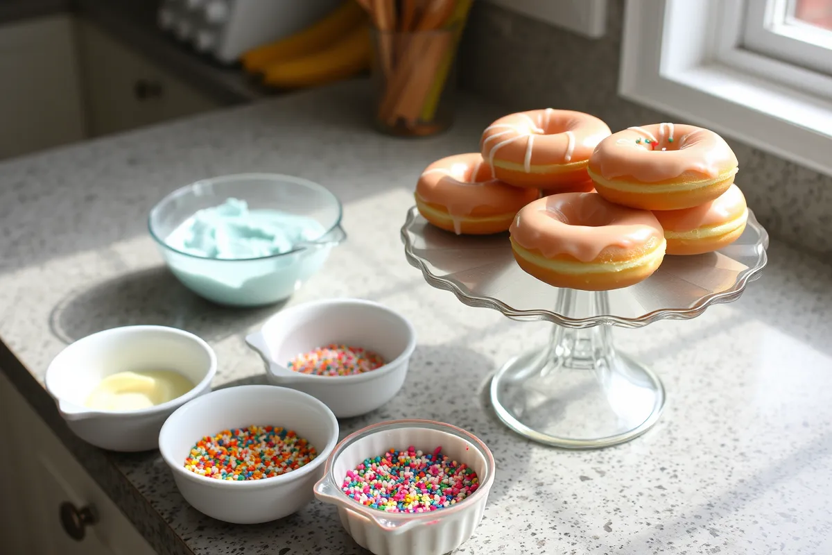 DIY donut cake setup with hands arranging donuts.  