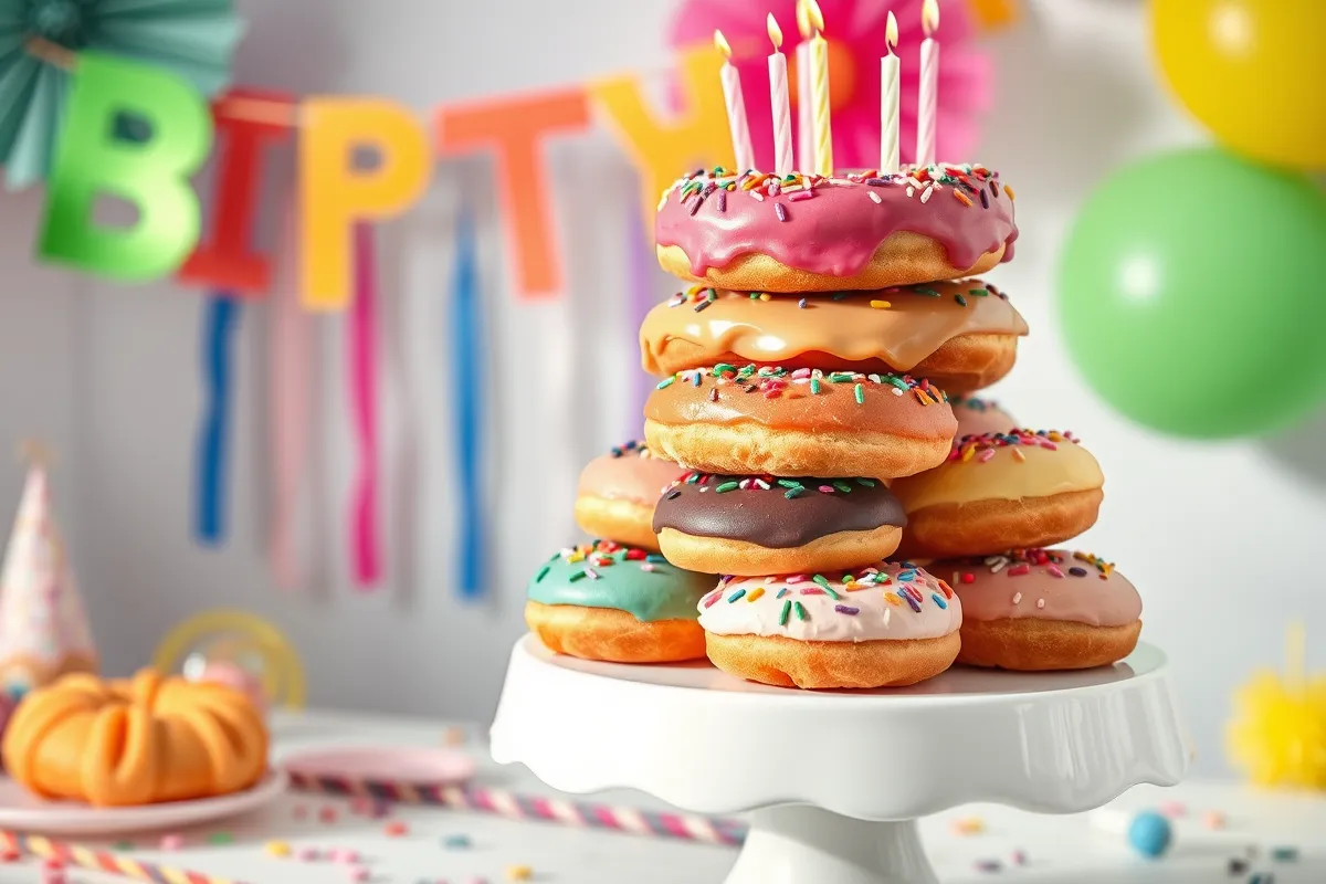 Donut cake for birthday celebration with colorful toppings.