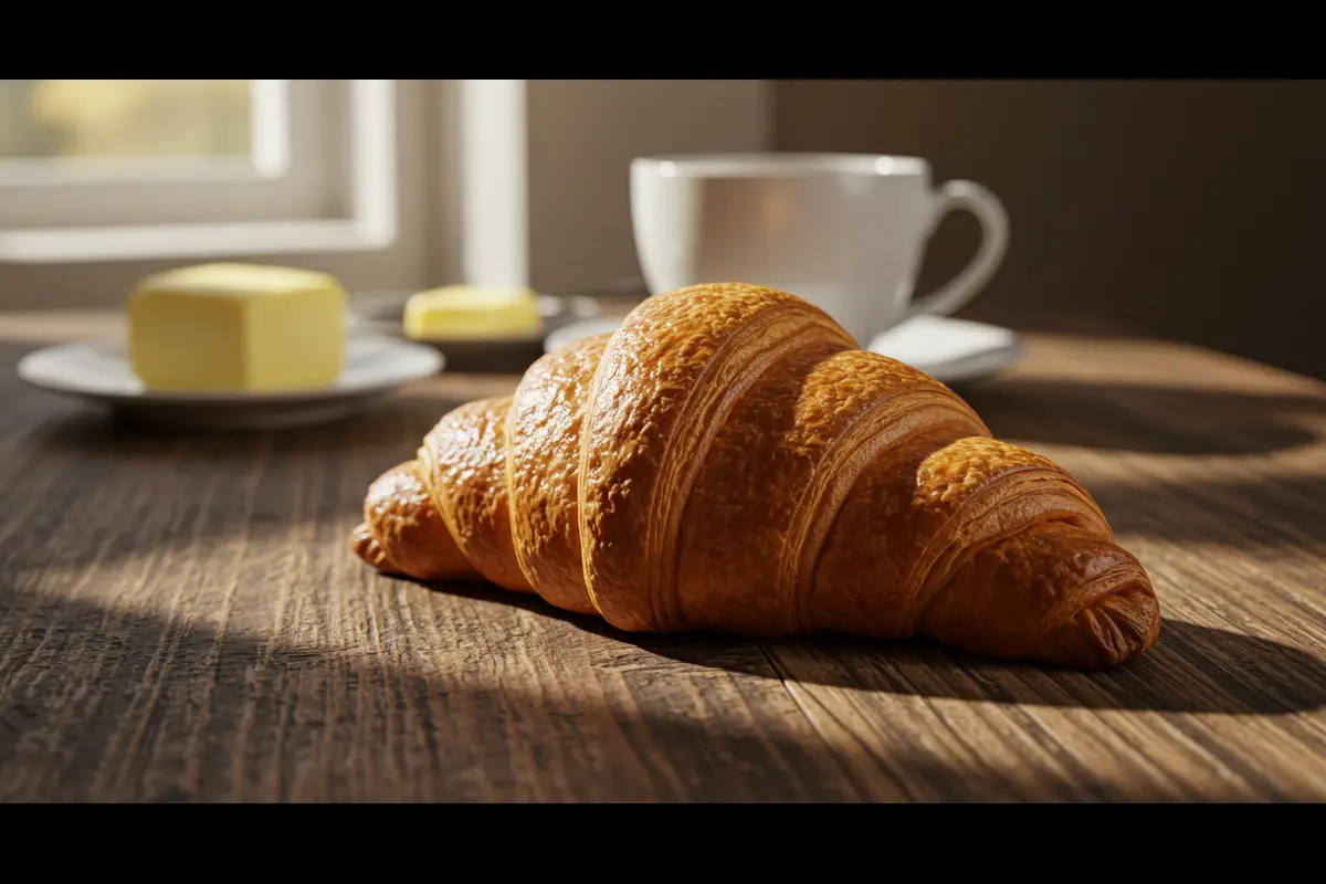 Golden flaky croissant with coffee and butter on a rustic table