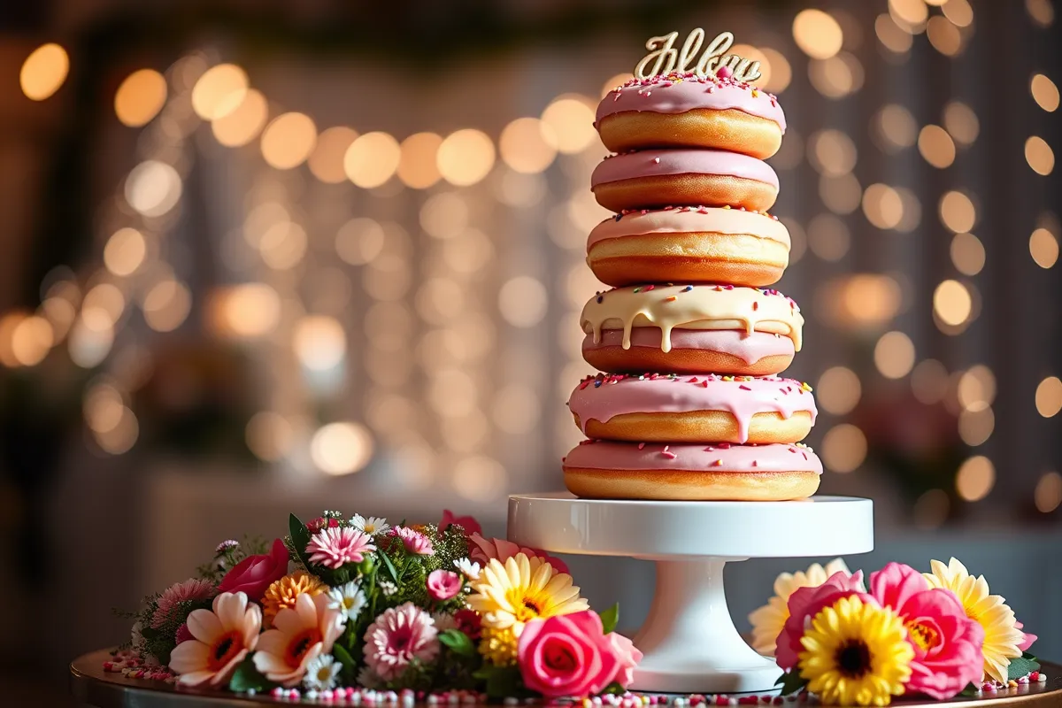 A stunning donut cake tower on a white cake stand.