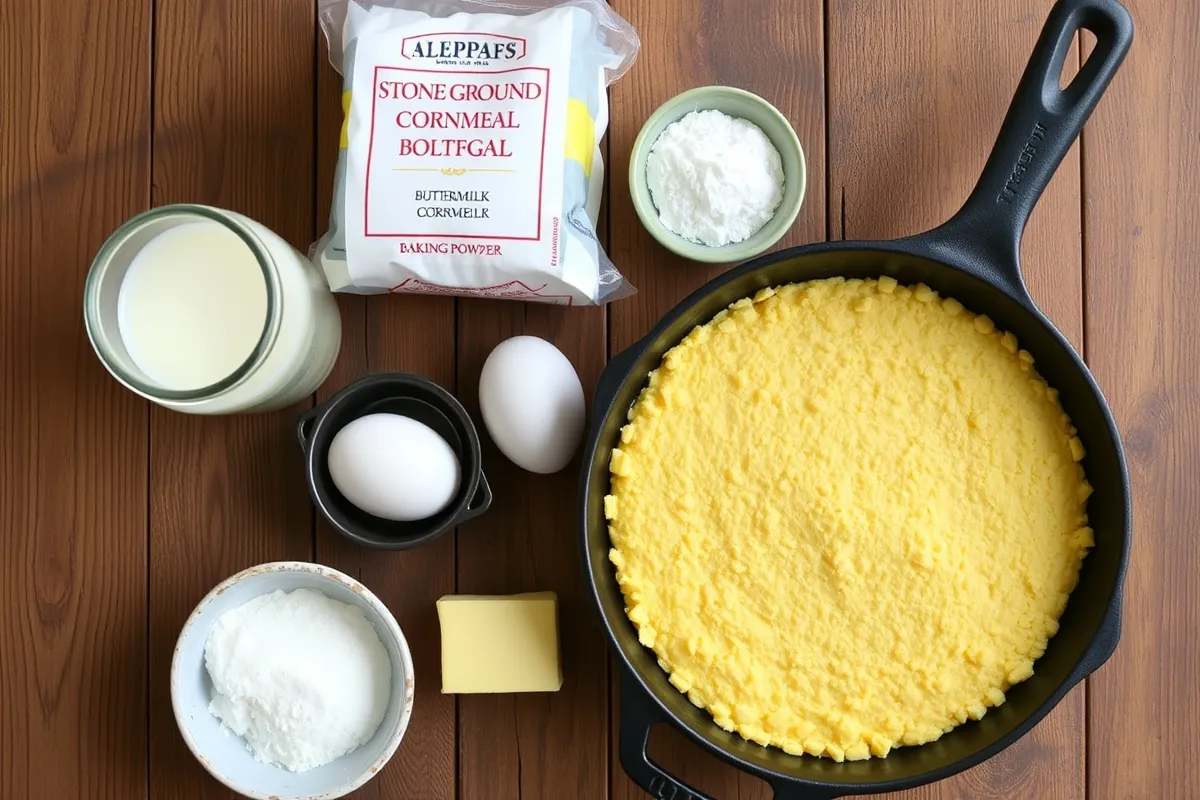 Ingredients for Southern cornbread on a wooden table.