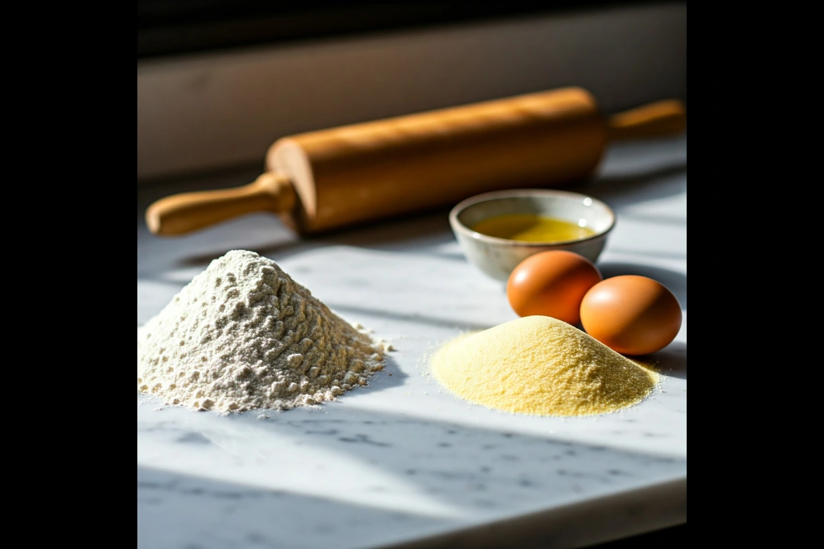 Tagliolini ingredients displayed on a marble countertop.