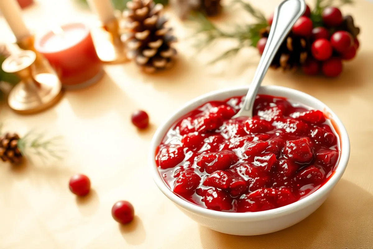 A bowl of canned cranberry sauce on a holiday-themed dining table.