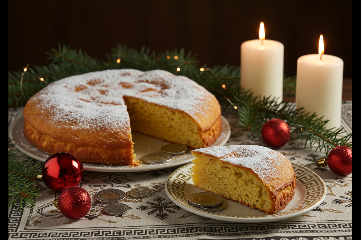 Vasilopita, a Greek New Year’s cake, on a festive table.