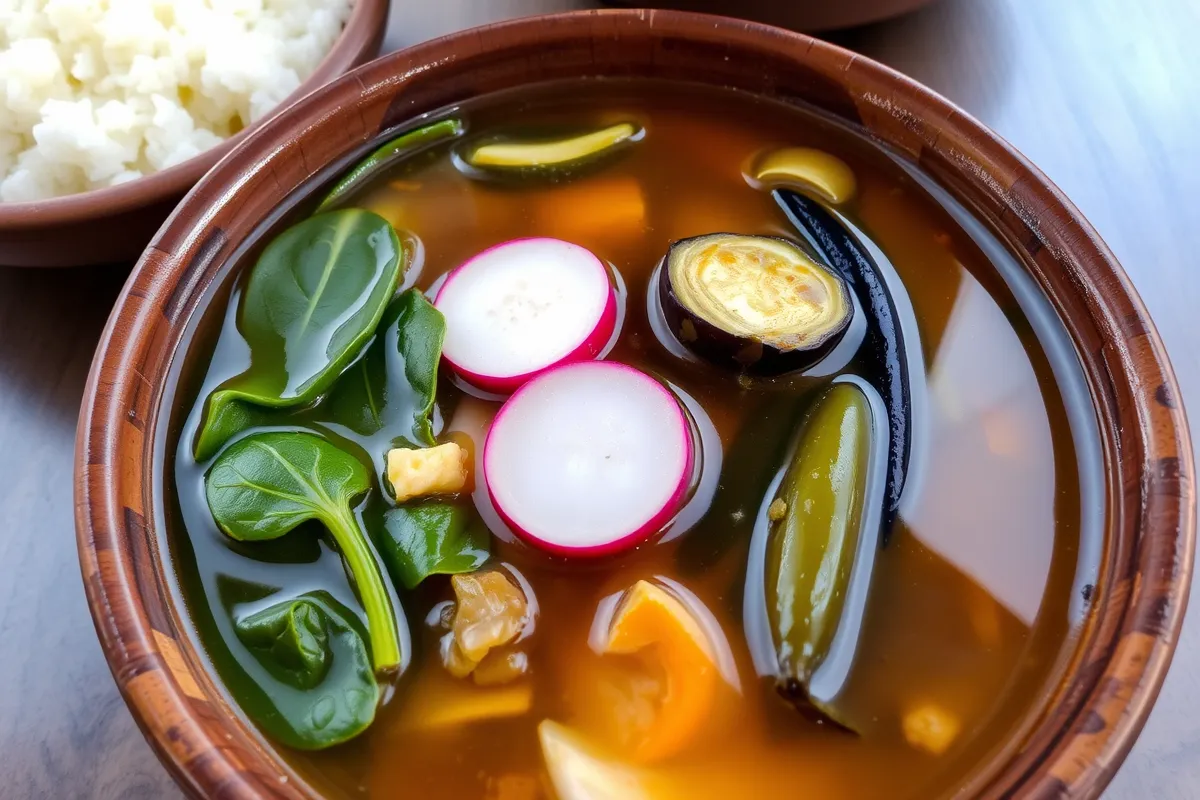 Traditional Filipino Sinigang soup with vegetables in tamarind broth.