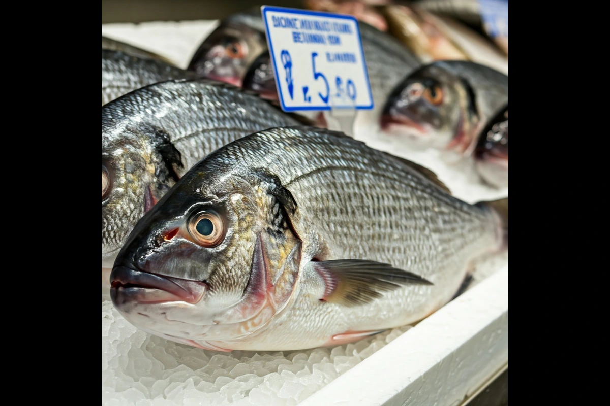 Fresh corvina fish on ice at a seafood market.