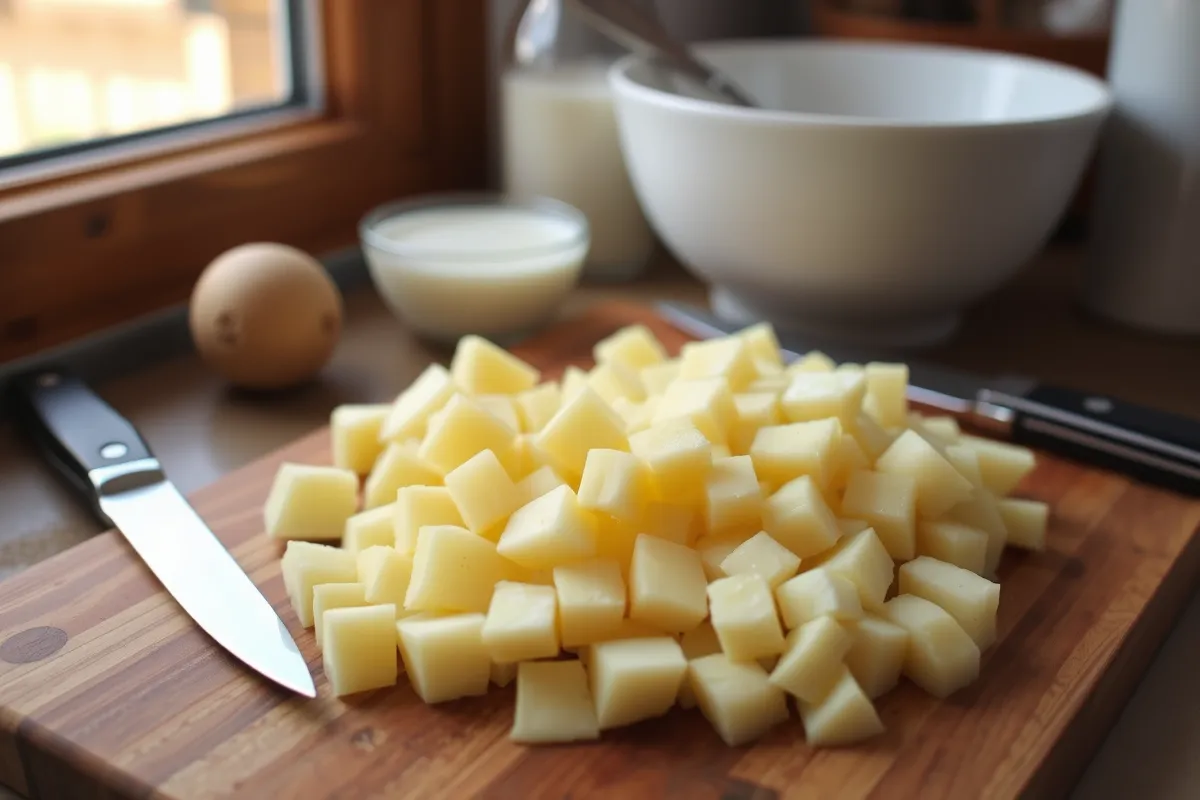 Diced potatoes on a cutting board for potato soup