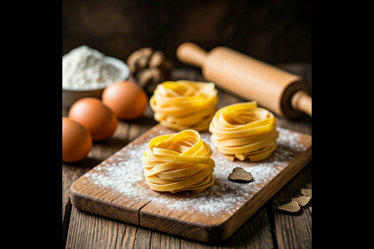 Freshly made tagliolini pasta with eggs and flour on a rustic board.