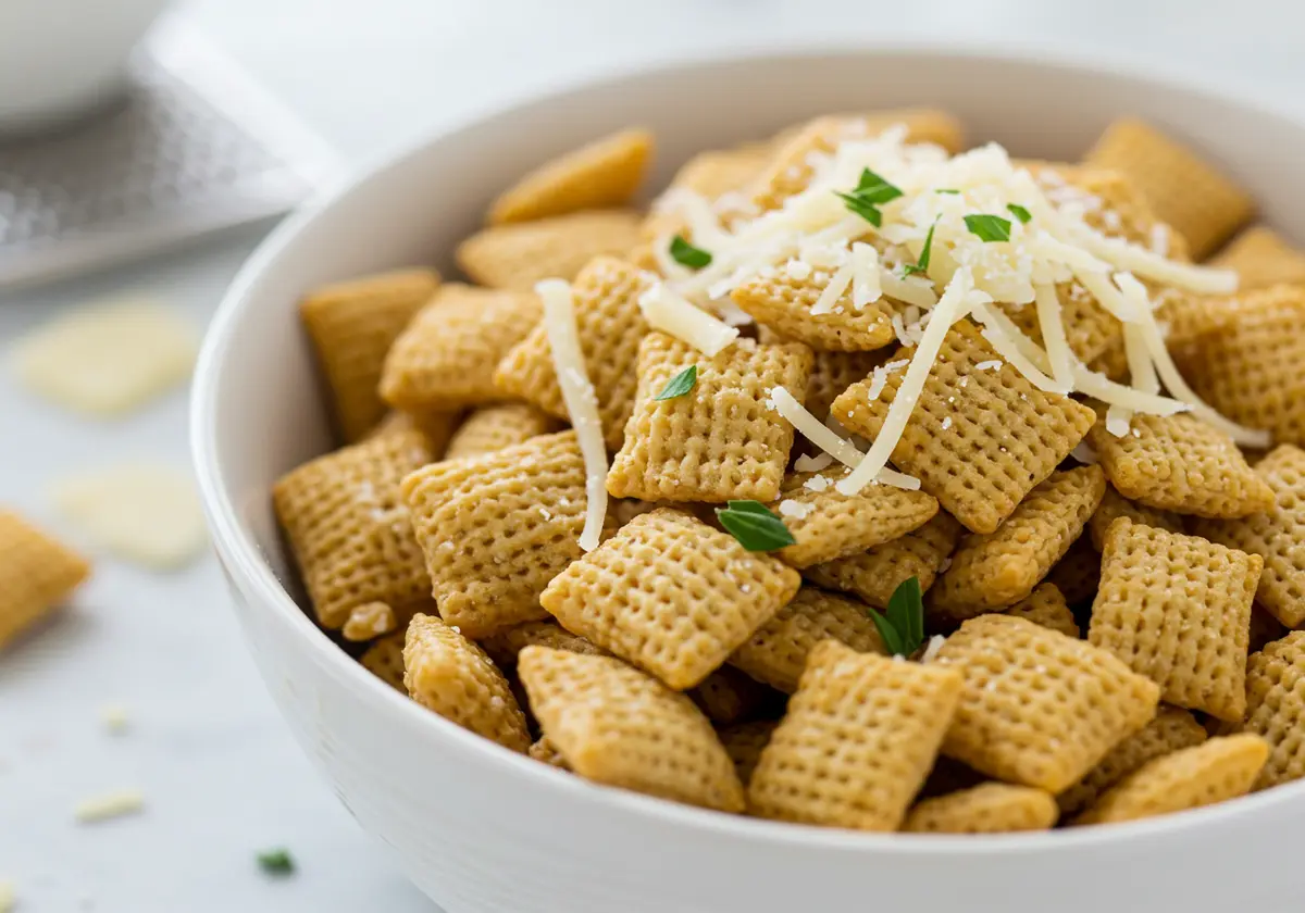 Savory Garlic Parmesan Chex Mix in a small bowl.