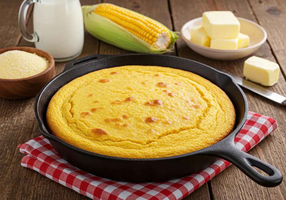 Freshly baked traditional cornbread in a cast iron skillet.