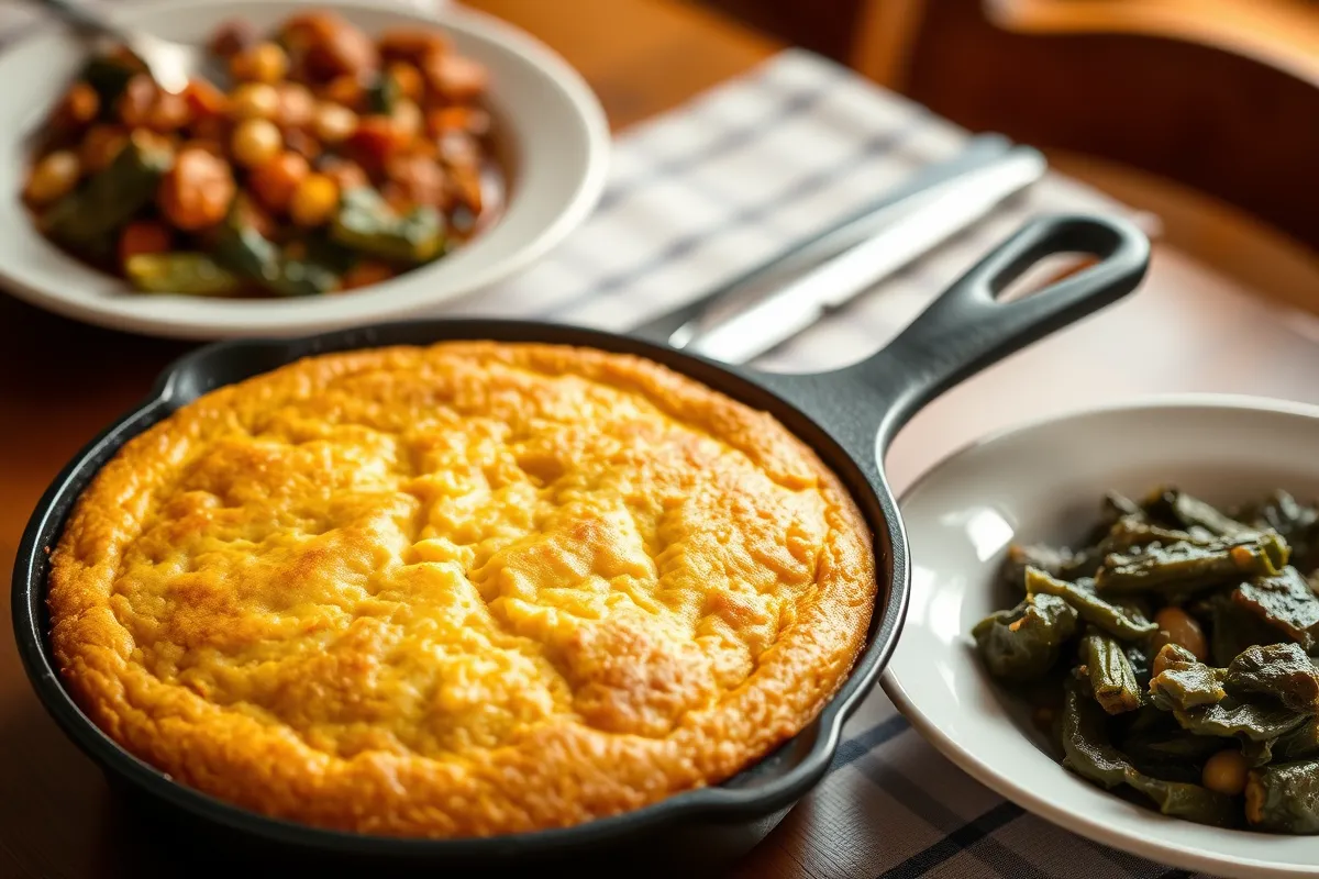 Golden Southern cornbread served in a cast-iron skillet with chili.