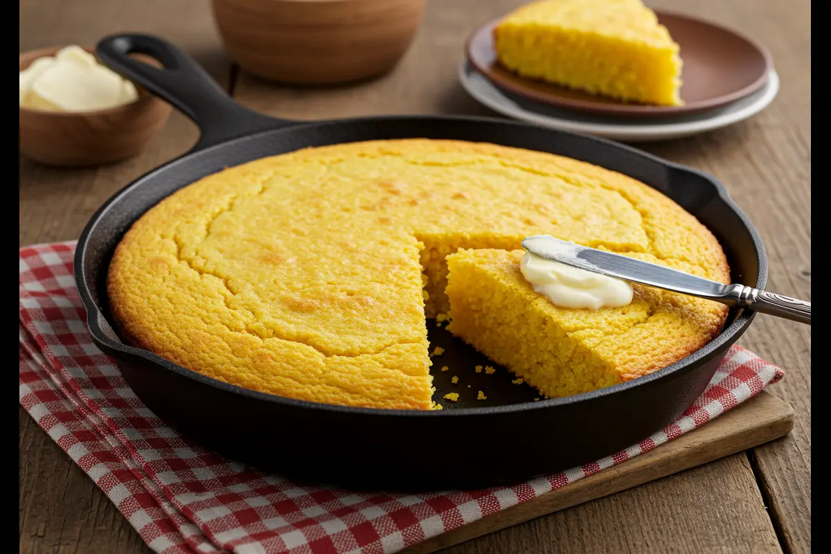 Southern cornbread in a cast-iron skillet with butter.