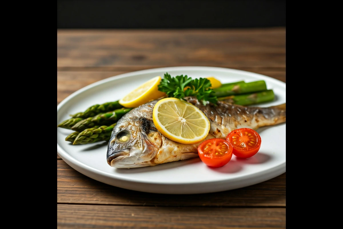 Grilled corvina fish served with roasted vegetables.