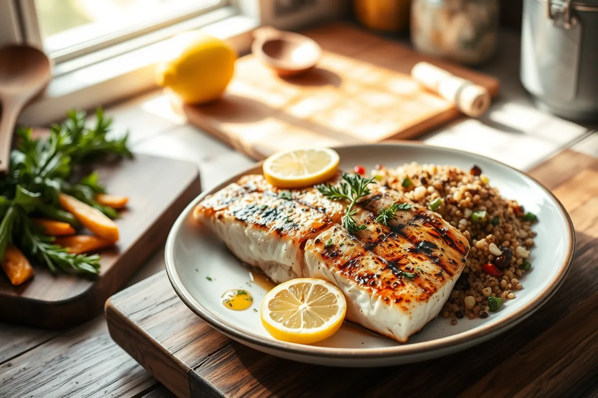 Grilled rockfish with roasted vegetables and quinoa