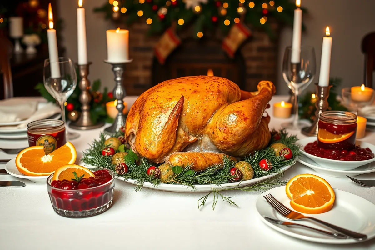 Holiday dinner table with turkey and canned cranberry sauce