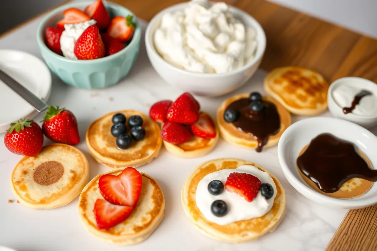 Mini pancakes being cooked on a griddle with a squeeze bottle and spatula.