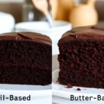 Comparison of chocolate cakes made with oil and butter, highlighting the texture differences between the two types.